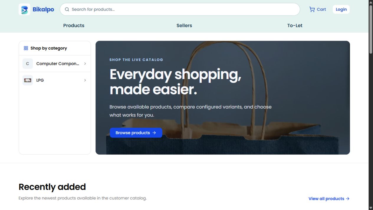 Bikalpo storefront with product search, categories and shopping catalog