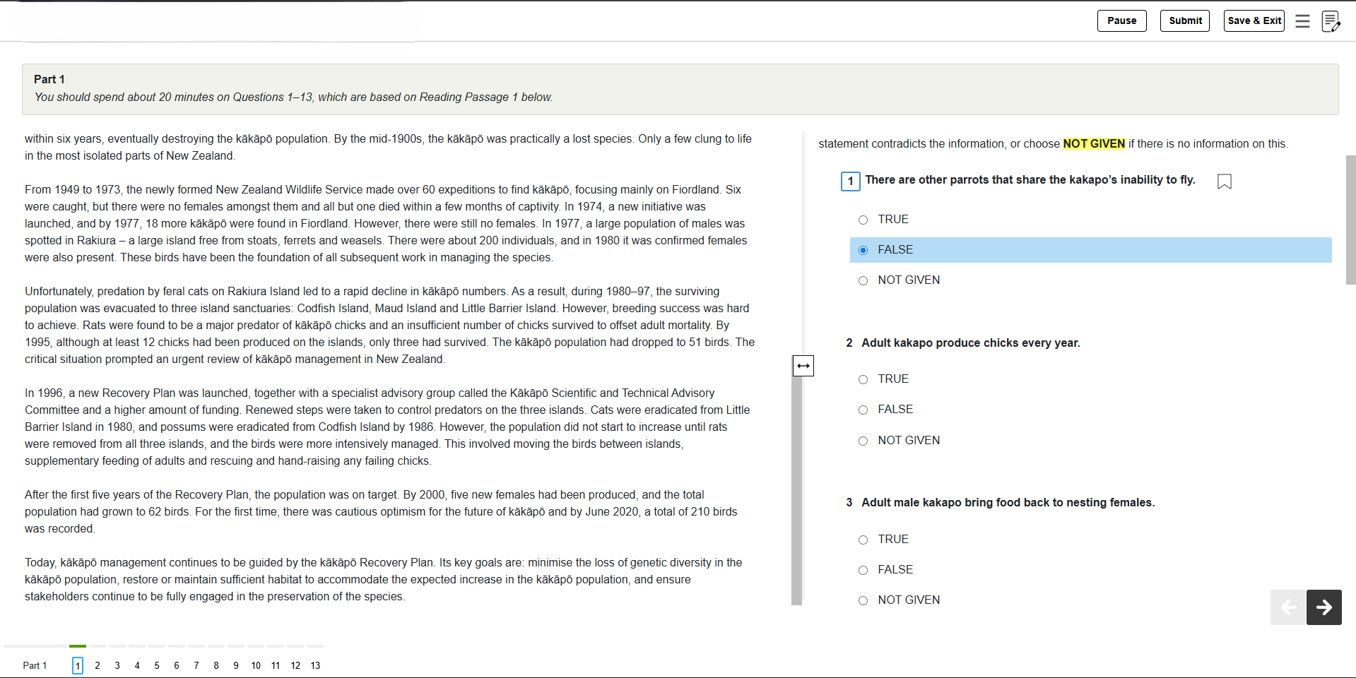 IELTS reading practice interface with passage and questions side by side, answer options and question navigation
